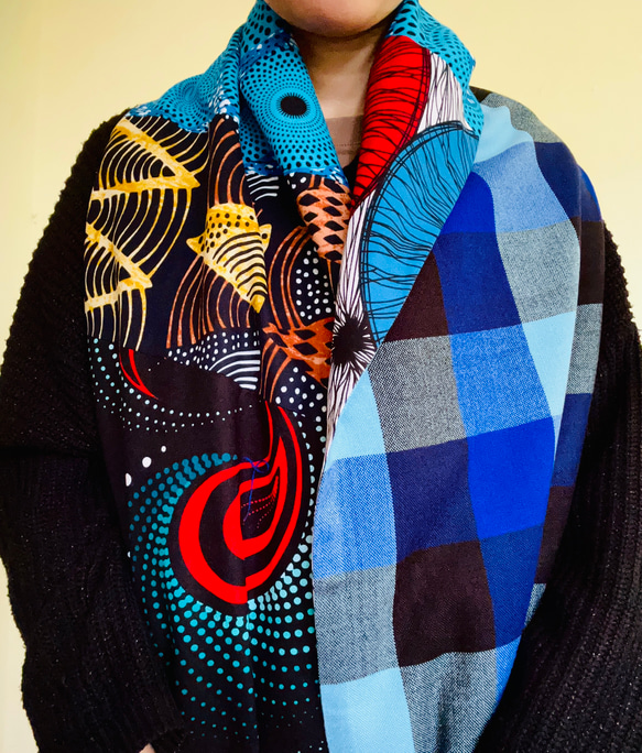 カラフルマサイシュカストール（水色）★マサイ族伝統の布「マサイシュカ」×ケニアの布「キテンゲ」。アフリカンプリント★ 9枚目の画像
