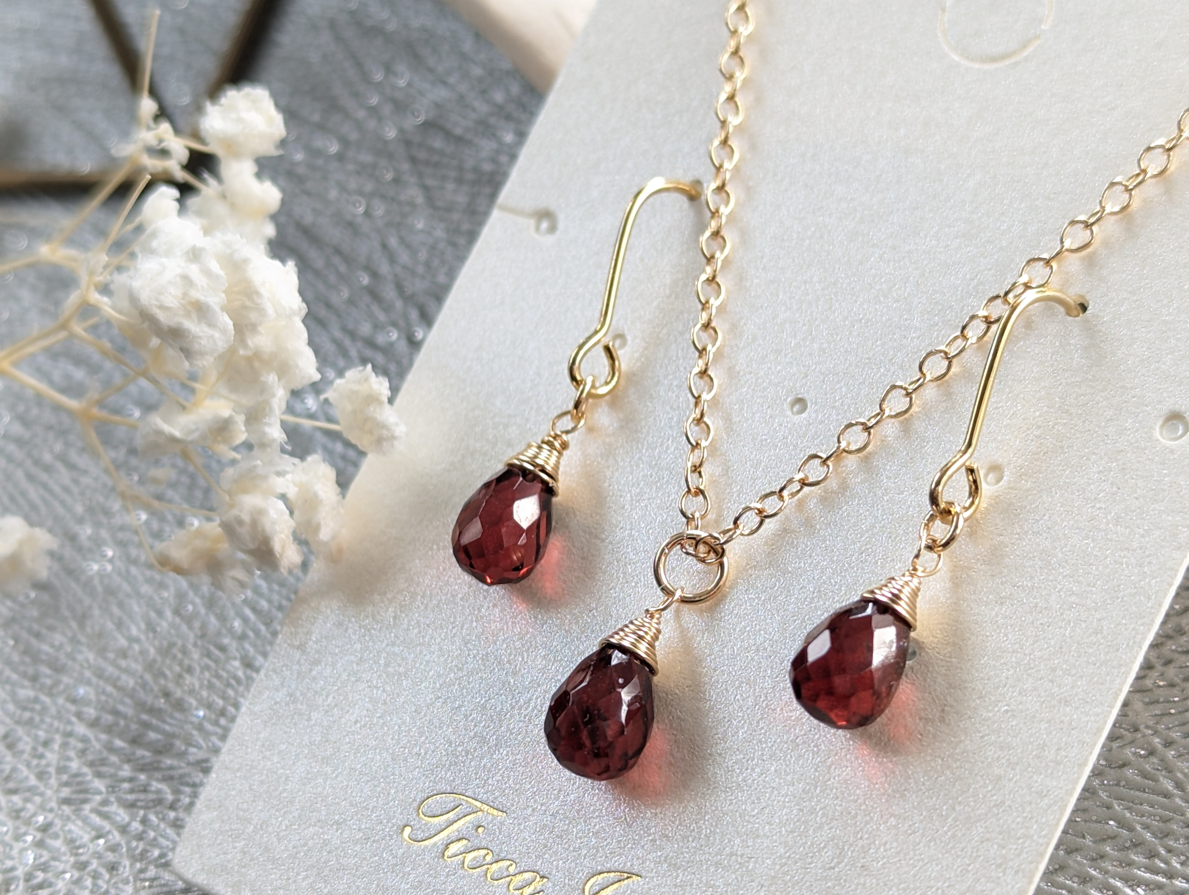 14kgf ガーネットハッピーセット☆ネックレス、ピアス