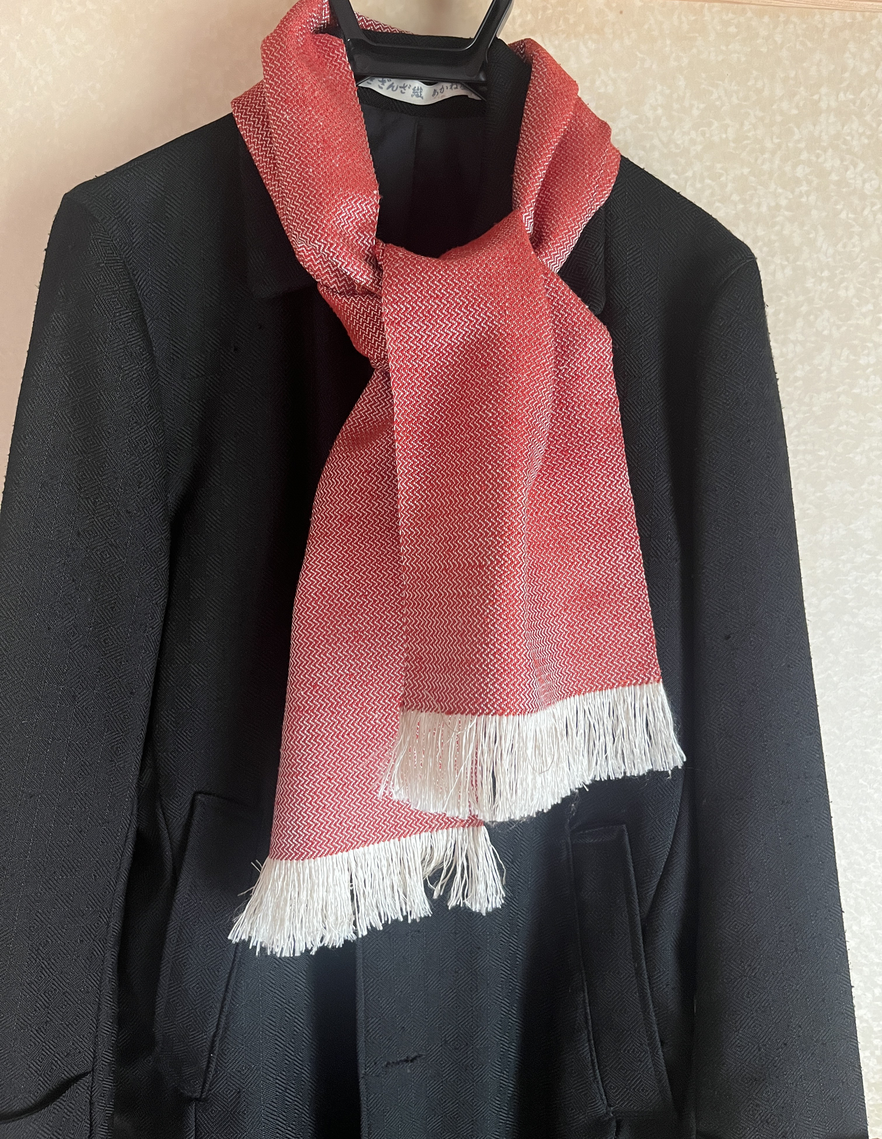 ストール　波輝　赤　ざざんざ織　シルク