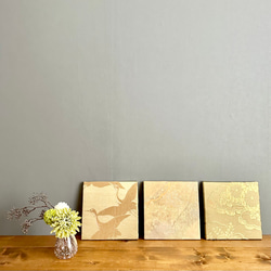 着物のファブリックパネル　金色の松と鶴と菊（3枚セット）着物リメイク　インテリア　古民家　正月飾り　壁飾り　正月飾り 8枚目の画像