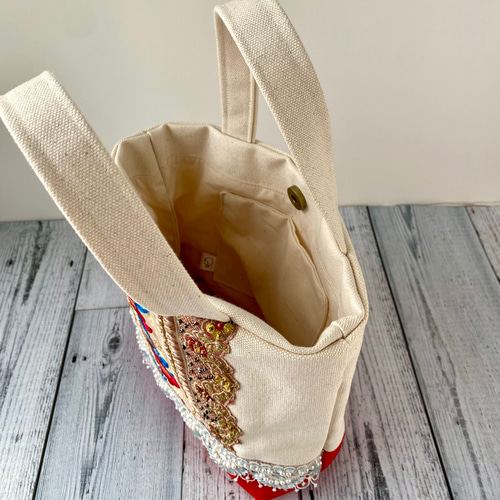 インド刺繍リボンのキラキラ輝くレーストートバッグ【Sサイズ】 トート