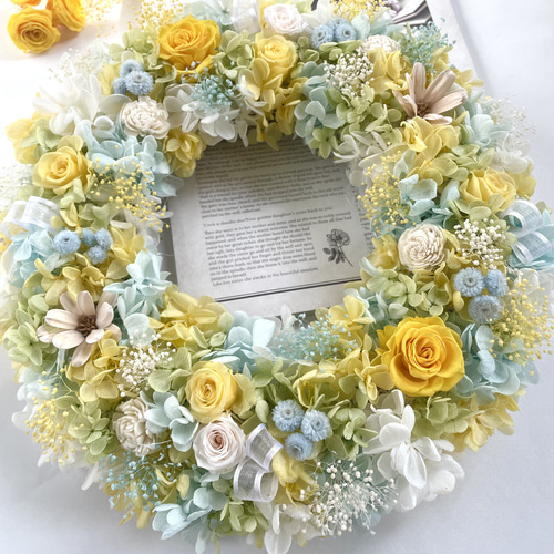 プリザーブドフラワーリース＊薔薇＊ふんわりブルー&イエロー