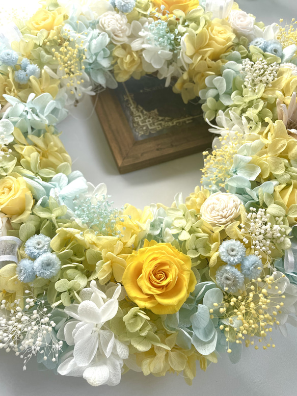 プリザーブドフラワーリース＊薔薇＊ふんわりブルー&イエロー 