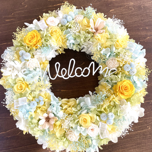 プリザーブドフラワーリース＊薔薇＊ふんわりブルー&イエロー