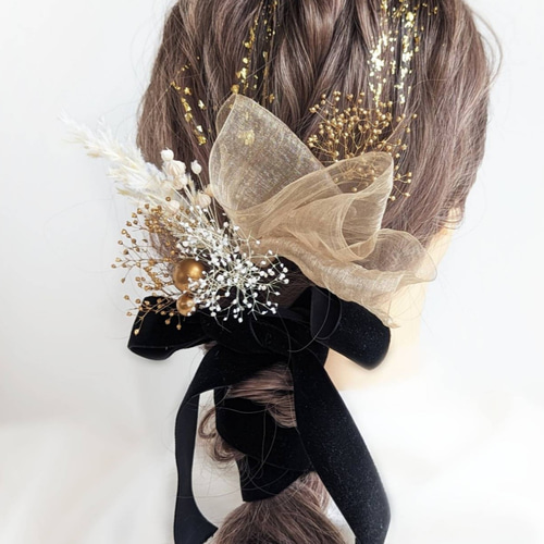 11/17❁︎memi様❁︎成人式 髪飾り ヘッドドレス ベロアリボン 選べる ベロアリボン 2点➕ヘッドドレス セット/ 結婚式 卒業式
