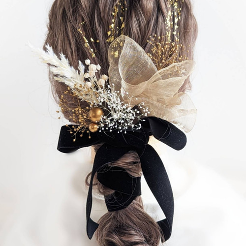 金箔付】成人式 髪飾り ベロア リボン 卒業式 結婚式 ドライフラワー