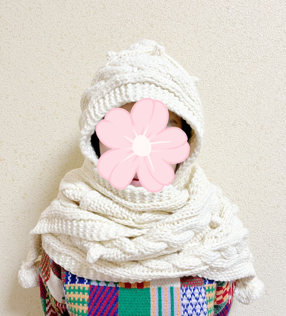 手編み　オシャレ帽子+マフラー  アイボリー 2枚目の画像