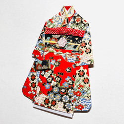 着物のポチ袋647 QUOカードサイズ 赤地　桜　萩　 3枚目の画像