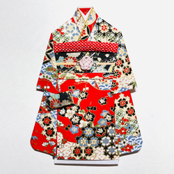 着物のポチ袋647 QUOカードサイズ 赤地　桜　萩　 1枚目の画像