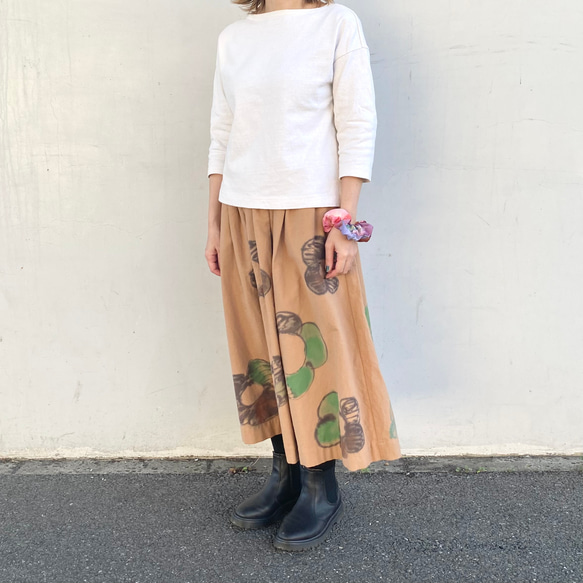 手染めコットンネルのふんわりスカート / Flower × orange 15枚目の画像