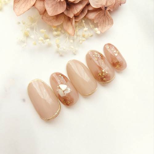 ネイルチップ/ミルクティーベージュ/ニュアンス/ミラー囲み/結婚式  