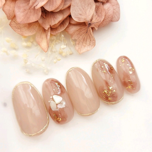 ネイルチップ/ミルクティーベージュ/ニュアンス/ミラー囲み/結婚式  