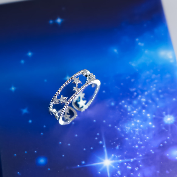 【MR131】【SV】星降る夜に　CZダイヤモンド／ロジウムメッキ／サイズ調整可能・フリーサイズの指輪 4枚目の画像