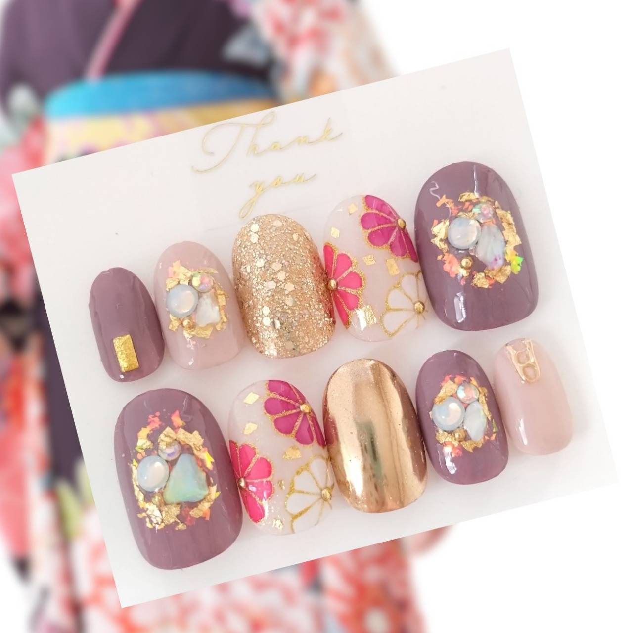 ネイルチップ ニュアンス卒業式成人式 前撮り 振袖 袴 着物 和柄 淡色