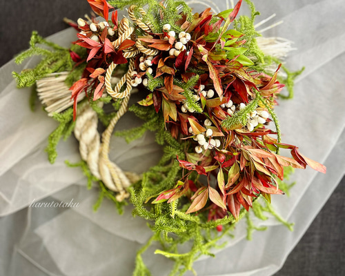 オタフク南天・南京ハゼ・ヒカゲノカズラのしめ縄飾り しめ縄