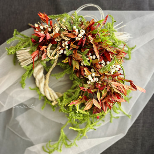 オタフク南天・南京ハゼ・ヒカゲノカズラのしめ縄飾り しめ縄