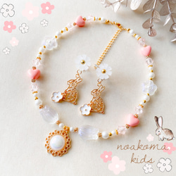 little princess＊ rabbit - flower pinkキッズイヤリング キッズ ネックレス セット 1枚目の画像