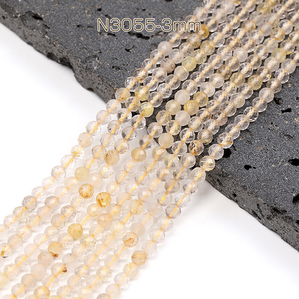 N3055-3mm 1連(約105個) 天然石ビーズ 連売り ゴールドルチルクォーツ ラウンドカ   1連(約105ヶ) 1枚目の画像