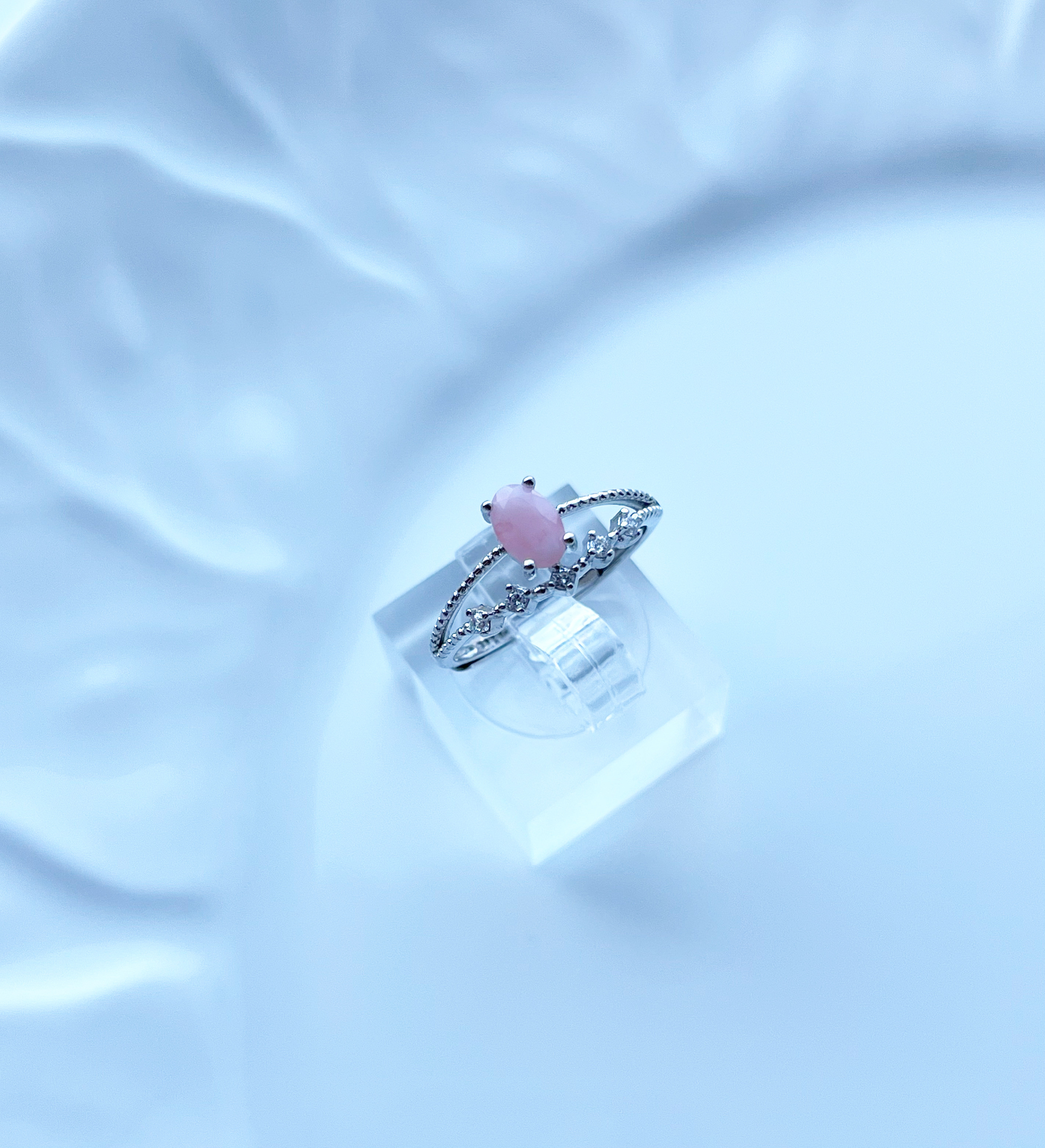 silver925 ピンクオパール˚✧₊⁎オーバルcz レイヤードリング【天然石Mサイズ】