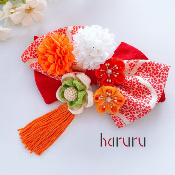 つまみ細工の髪飾り【オレンジリボン 房飾り】成人式 振袖 卒業式 袴  