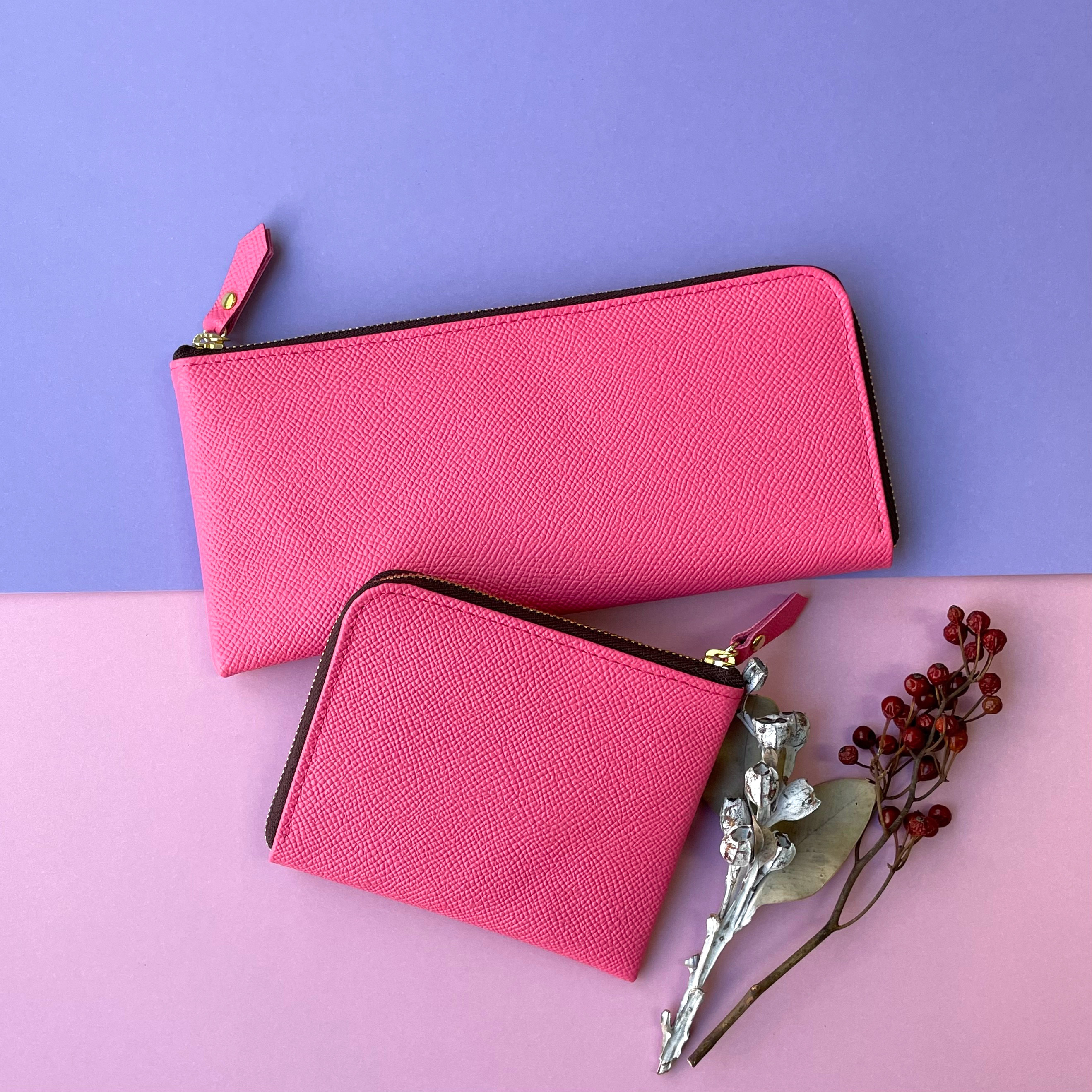 【新作】牛革のスリムな長財布 Ｌ字型 フューシャピンク