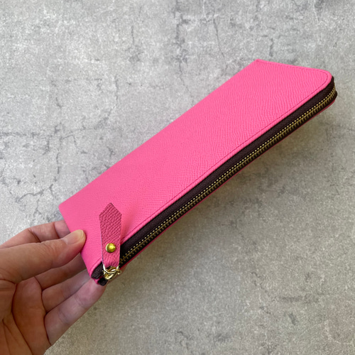 新作】牛革のスリムな長財布 L字型 フューシャピンク 長財布