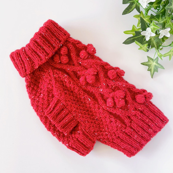 犬服　手編みセーター　ネップ赤　胴回り38cm 2枚目の画像