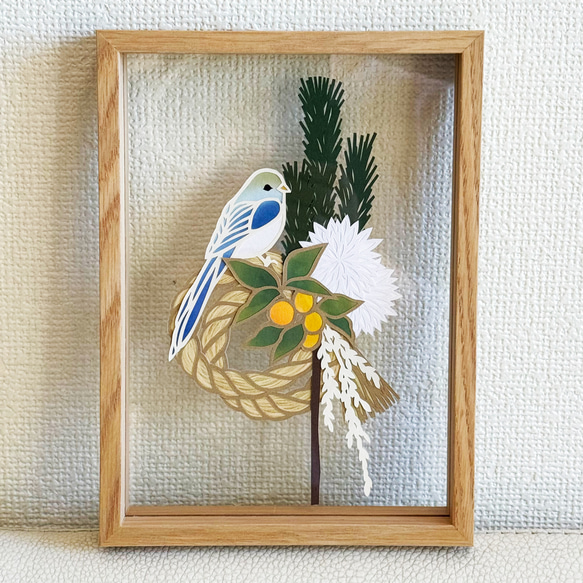 切絵原画　お正月飾り　-小菊と金柑と鳥さん- 1枚目の画像