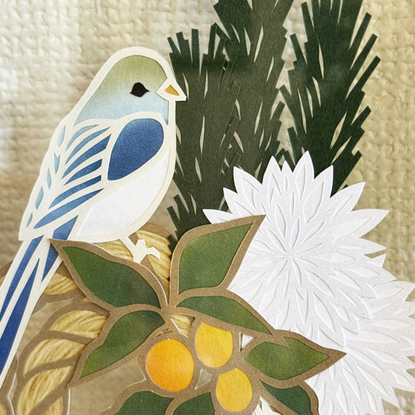 切絵原画　お正月飾り　-小菊と金柑と鳥さん- 2枚目の画像