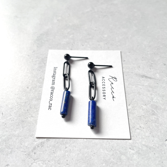 chain＋lapis lazuli black pierce ステンレスピアス　 1枚目の画像