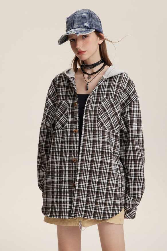 メンズ・レディース兼用・春の新製品長袖のチェックシャツの上着と帽子のコート 2カラー ＃20-1374 11枚目の画像