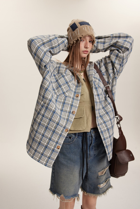 メンズ・レディース兼用・春の新製品長袖のチェックシャツの上着と帽子のコート 2カラー ＃20-1374 5枚目の画像