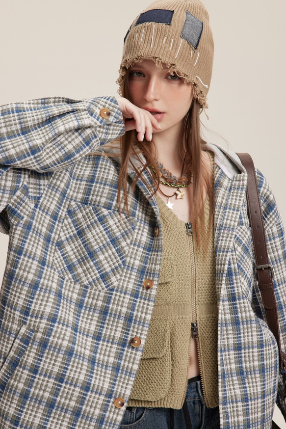メンズ・レディース兼用・春の新製品長袖のチェックシャツの上着と帽子のコート 2カラー ＃20-1374 6枚目の画像