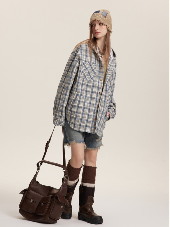 メンズ・レディース兼用・春の新製品長袖のチェックシャツの上着と帽子のコート 2カラー ＃20-1374 3枚目の画像