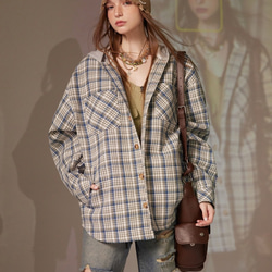 メンズ・レディース兼用・春の新製品長袖のチェックシャツの上着と帽子のコート 2カラー ＃20-1374 2枚目の画像