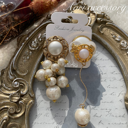 Shiny白葡萄〜韓国＆ヴィンテージボタン×オーロラコットンパール