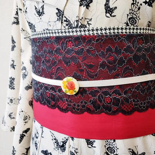 半幅帯】レッドクイーン 千鳥格子 /red queen白 黒 赤⭐送料込み  