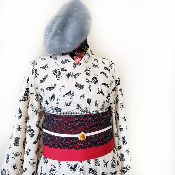 半幅帯】レッドクイーン 千鳥格子 /red queen白 黒 赤⭐送料込み  