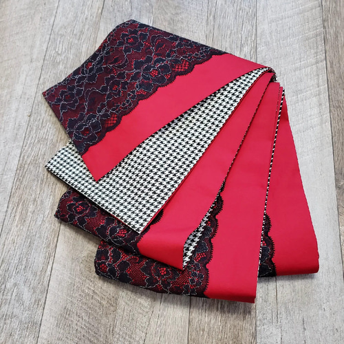 半幅帯】レッドクイーン 千鳥格子 /red queen白 黒 赤⭐送料込み  