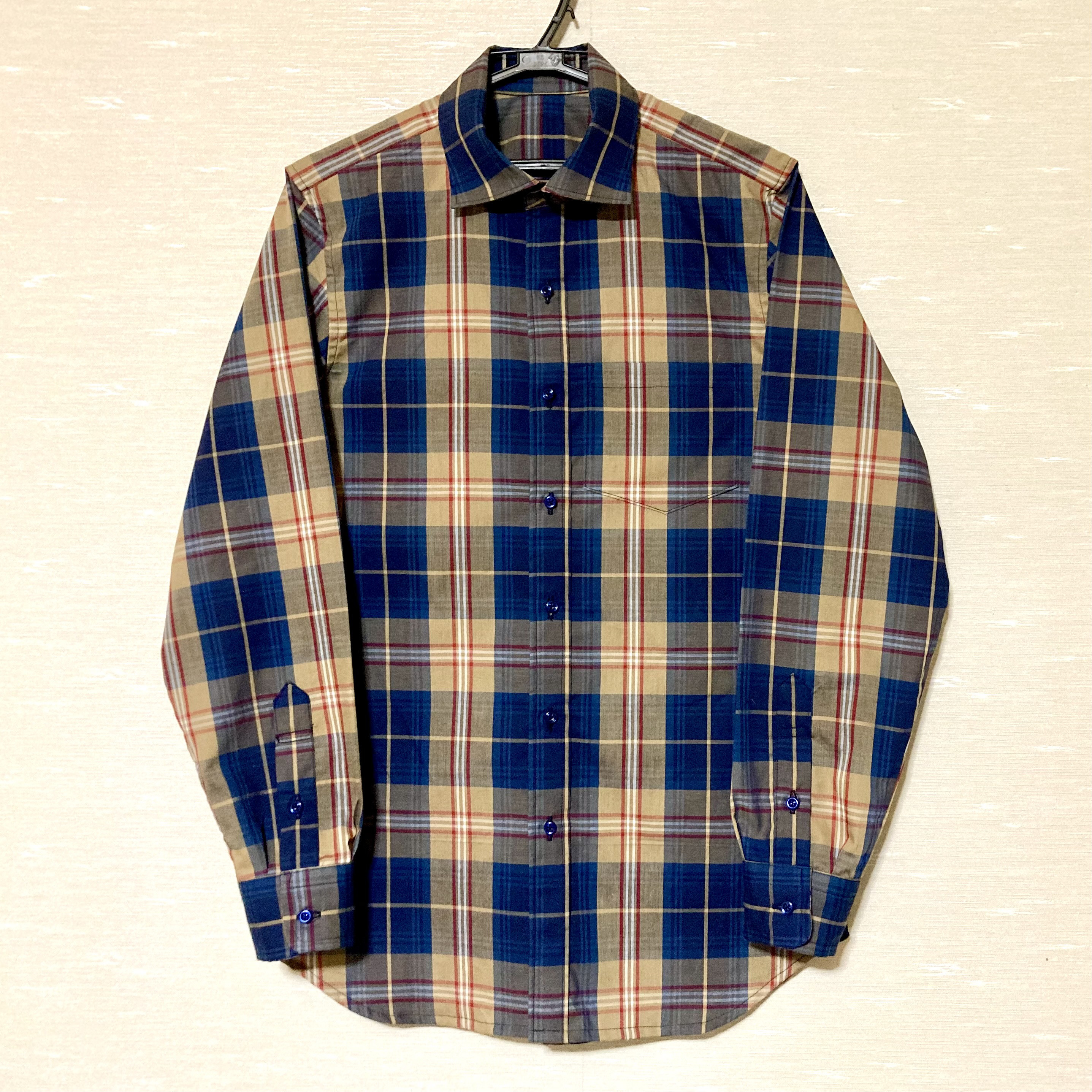 Preppy Classic | ブルー×ベージュ チェック柄メンズシャツ｜受注制作・サイズ指定可