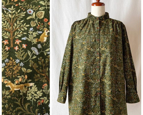 すっきり見えるギャザーブラウス：長そで（森の動物たち：グリーン