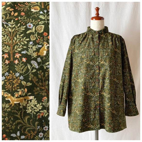 美品 フィータ VERA シャーリング ギャザー コットン長袖 ブラウス 緑 すっきり見えるギャザーブラウス：長そで（森の動物たち：グリーン