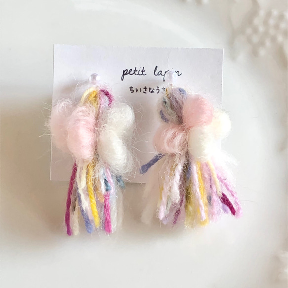 再販2　フリンジ　ピンク　グレー　ピアス　イヤリング　ツイード　リボン　タッセル 再販2 フリンジ ピンク グレー ピアス イヤリング ツイード リボン
