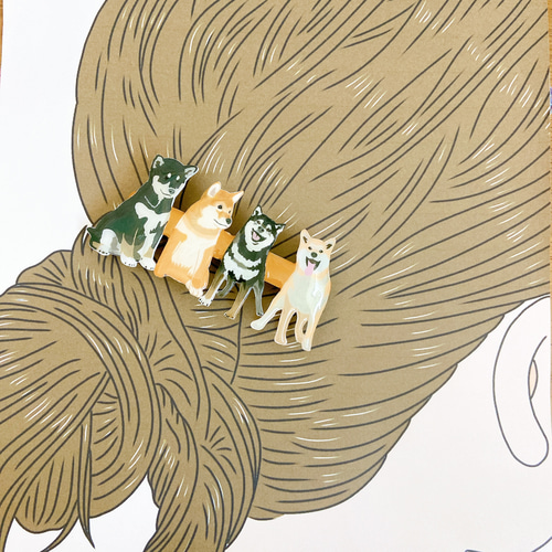 受注制作】柴犬 イラスト ブローチ ヘアクリップ バレッタ ヘアゴム