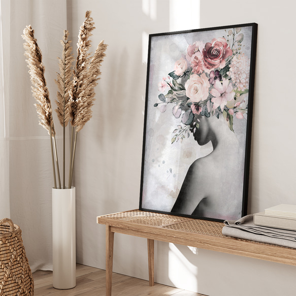 時尚花卉與女性剪影單色花卉室內海報外國藝術/5279 第2張的照片