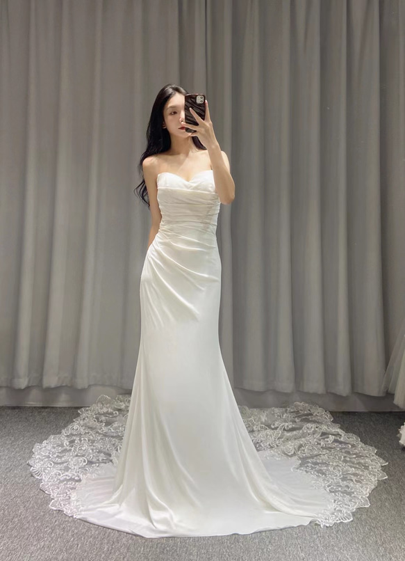 【大幅お値下げ】ドレス　前撮り　レース　マーメイド 新作！高級感溢れる 高級サテン 美しい花レース マーメイド