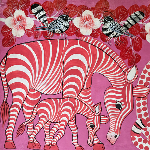 アフリカ絵画『 Pink animals 3 』ティンガティンガ by Zuberi 25*70cm 