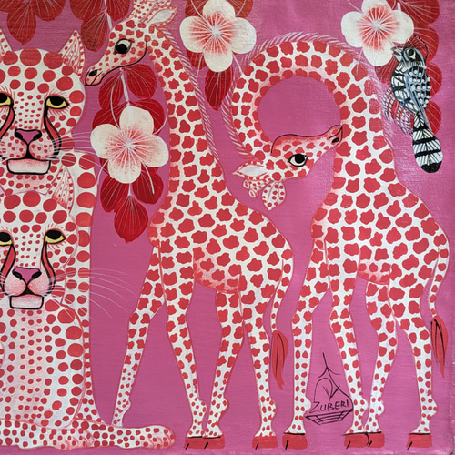 アフリカ絵画『 Pink animals 3 』ティンガティンガ by Zuberi