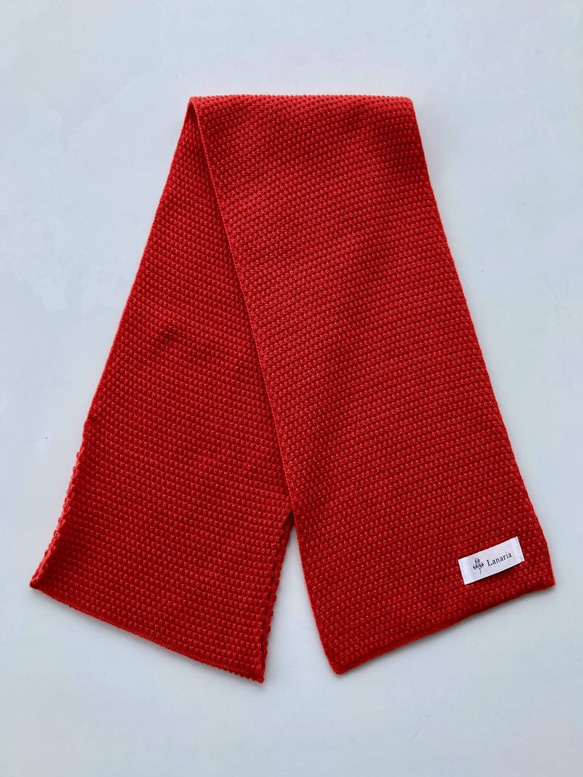 『ポコポコ』と表情豊かな【カノコ編み】のサッと巻けるコンパクトミニマフラー　【スカーレット】 8枚目の画像