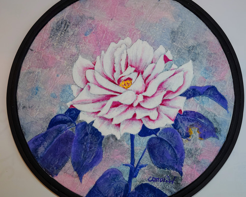 バラ　日本画　岩絵の具　キャンバスアート 日本画 原画 薔薇（オリジナル揉紙に岩絵具で描いた日本画